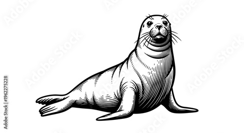 High Contrast Black and White Vector Illustration of a Seal in Full Body Pose, Minimalist Wildlife Silhouette
