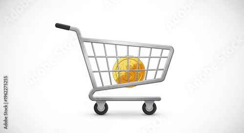 Shopping cart with a dollar coin, representing finance, business, and commerce concepts in a