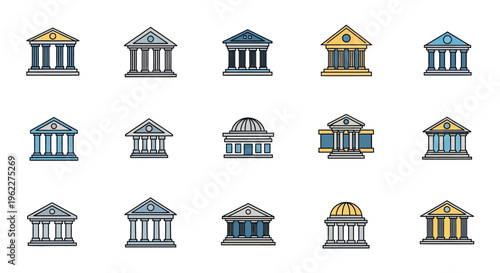 Illustration of various stylized bank buildings in a vector format on a white background