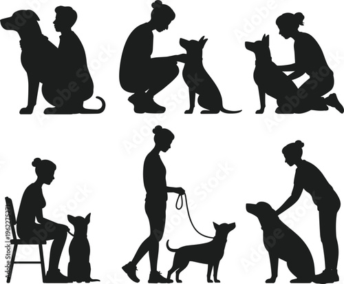 People training and playing with dogs silhouette set, pet care and friendship vector collection
