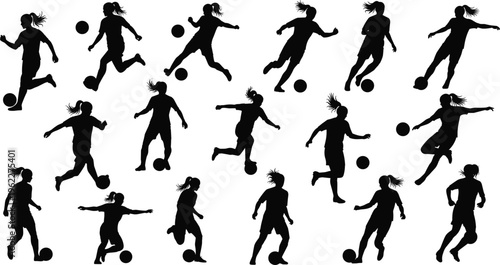 Black silhouette illustration of female soccer player in dynamic poses with ball, symbolizing women’s sports, athletic movement, teamwork, and promotional design themes
