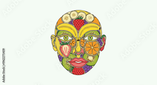 A vibrant fruit mosaic forms a human face with striking green eyes and red lips