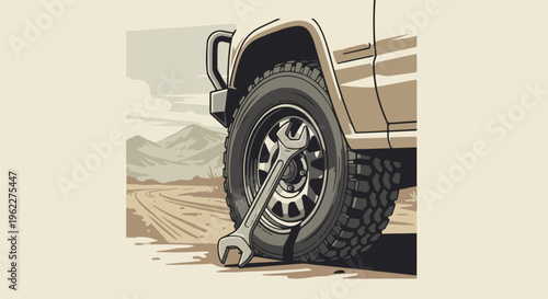 A wrench is attached to the wheel of a vehicle in a dry, mountainous landscape