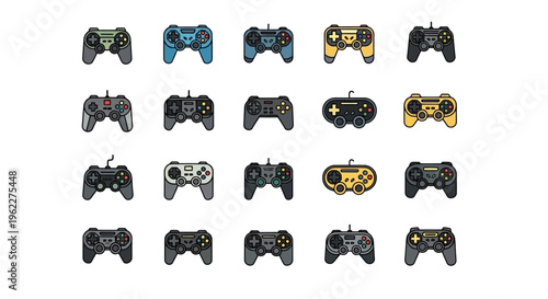 Illustration of a variety of colorful game controllers on a white background design