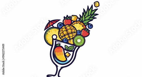 A vibrant fruit cocktail overflowing from a glass, garnished with a tiny umbrella