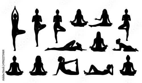 Black yoga silhouettes vector set for wellness, harmony, and flexibility