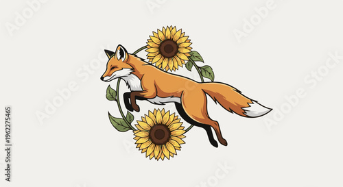 Animated orange fox leaping through sunflowers with green leaves