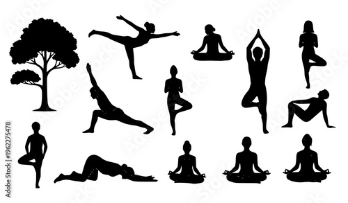 Diverse yoga poses silhouettes vector for health, balance, and flexibility