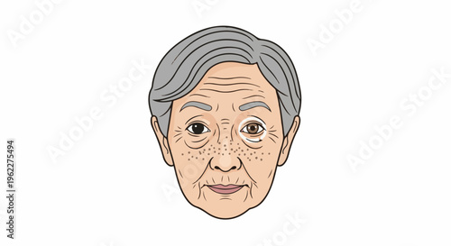 Aged face with grey hair, wrinkles, and freckles