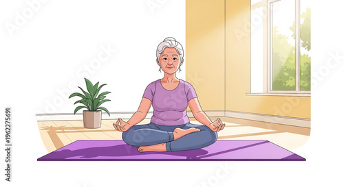 A serene older woman practicing yoga in a peaceful indoor setting with a plant and window