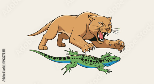 Aggressive lion pounces on a spotted green lizard, dramatic animal conflict illustration
