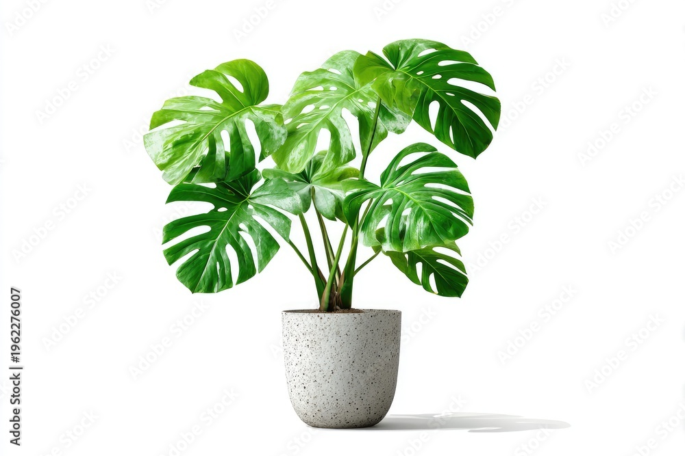 Fototapeta premium Lush green tropical plant with large, fenestrated leaves in a speckled pot