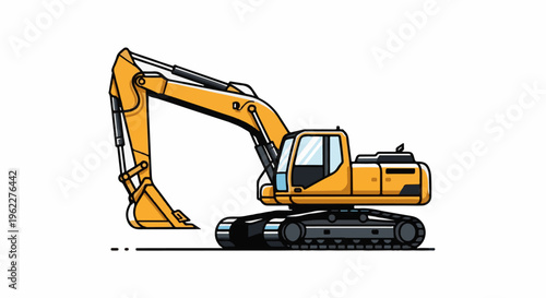 A yellow excavator with a black cab and treads sits on a white background