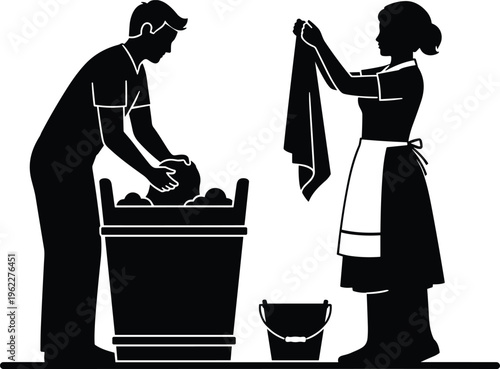 Black and white silhouette vector illustration of a man and woman doing laundry together using a traditional wash tub, bucket, and cloth.