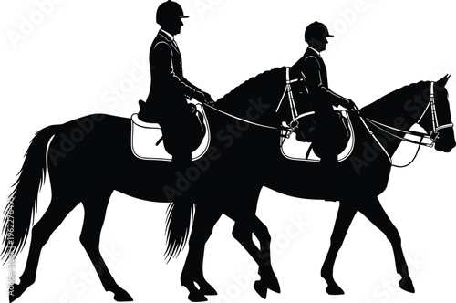 Black and white silhouette of two professional equestrian riders wearing formal hunt seat attire riding thoroughbred horses against a clean white background