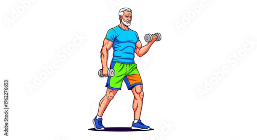 A muscular senior man lifting dumbbells in a colorful illustration for fitness and exercise concepts