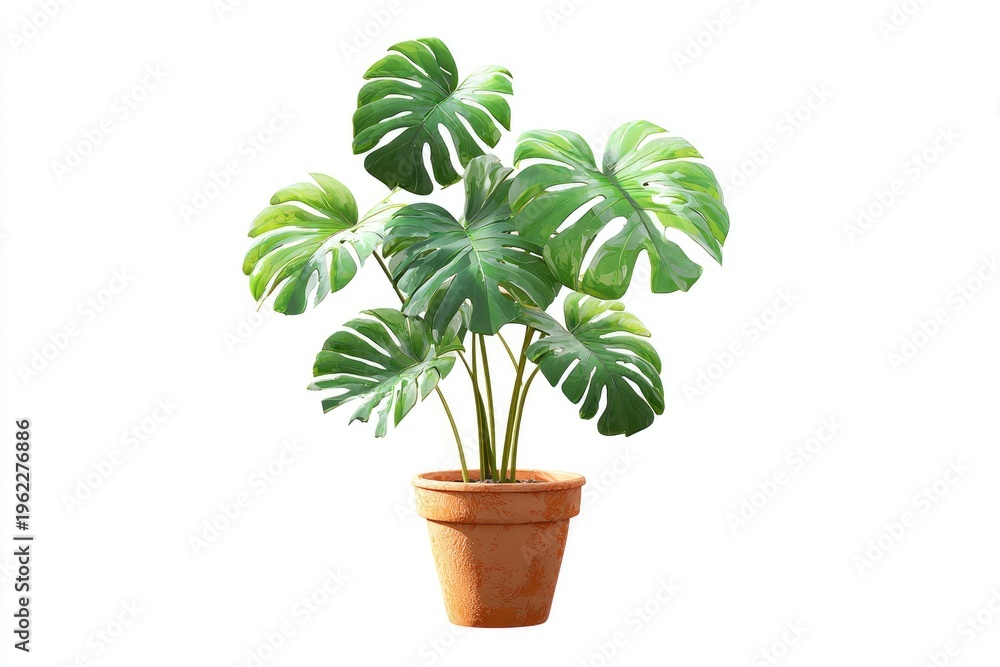 Fototapeta premium Lush green foliage with natural split leaves in a terracotta pot