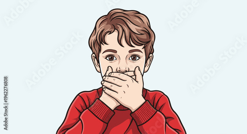 A young child with brown hair covers their mouth with hands