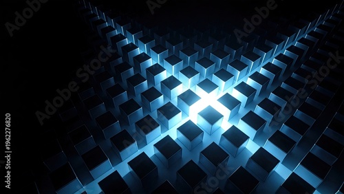 Futuristic 3D blue glowing cross pattern on dark geometric cube background digital technology abstract concept data security blockchain innovation artificial intelligence network s