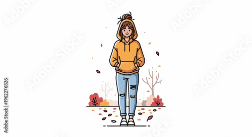 A young person stands in a park during autumn with fallen leaves