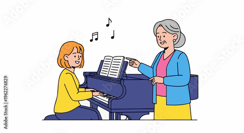 A young girl plays piano while an elder woman instructs her