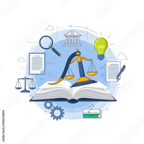 Illustrative concept of law, justice and knowledge, with scales of justice, an open book, and a lightbulb representing ideas and legal insights