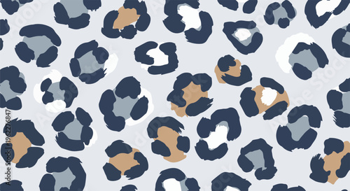 Abstract animal print with navy, tan, and grey spots on pale blue