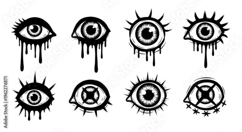 Urban Graffiti Eyes Vector Illustration Sheet in Black Ink Grunge Punk Street Art Style