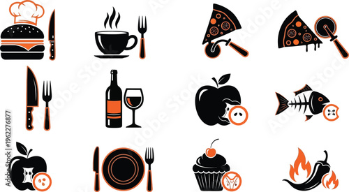 Food and drink icons set with black and orange silhouettes