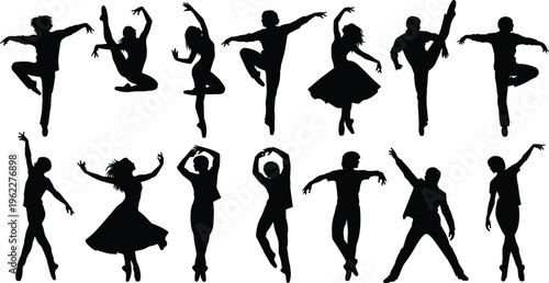 Dancer silhouettes collection featuring ballet, contemporary, and freestyle poses, elegant black vector set isolated on white background for performance, art, and creative design
