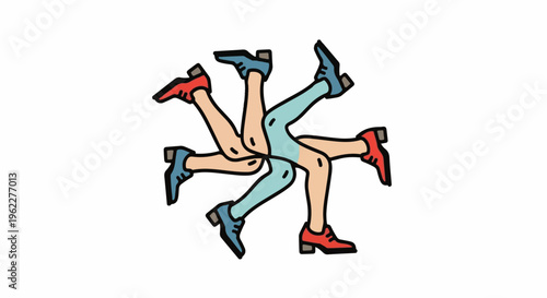 Abstract circular arrangement of stylized human legs in motion, in pastel colors