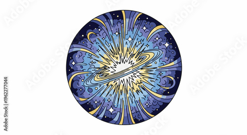 Abstract circular explosion of cosmic energy with stars and clouds