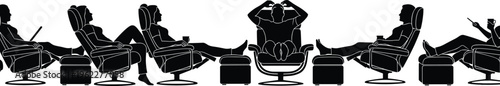 Black silhouette collection of diverse people relaxing in comfortable lounge armchairs with ottomans, watching television, reading, and drinking coffee on a white background.