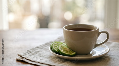 Ceramic cup with tea and slice of bergamot on saucer. Refreshing drink on wooden table. Organic citrus fruit for flavoring black tea. Concept of morning relaxation and healthy lifestyle at home