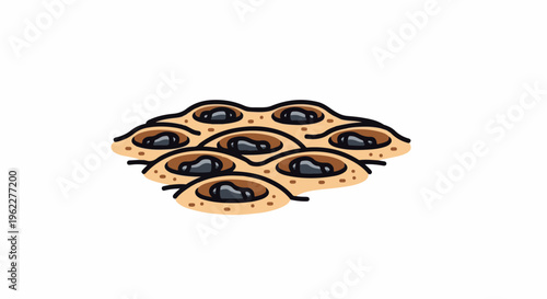 Abstract depiction of a cluster of dark, glossy objects in shallow, earthy-brown indentations