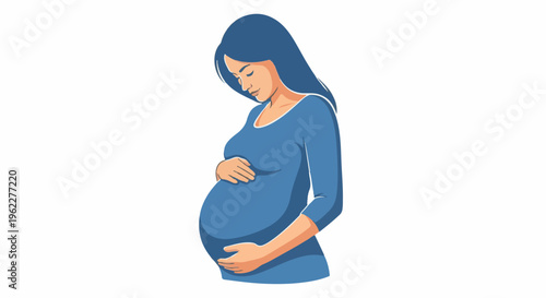 A woman wearing a blue long-sleeved dress cradles her pregnant belly