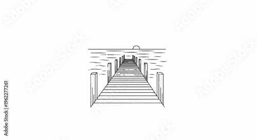 A wooden pier stretches out across rippling water towards a distant sunset