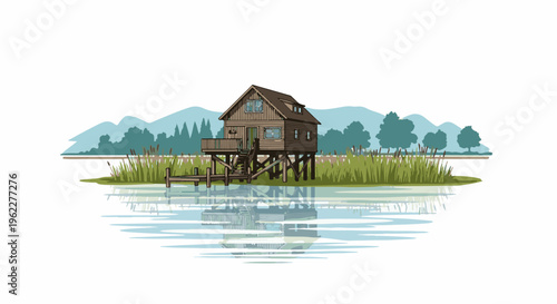 A wooden house stands on stilts over the water, surrounded by reeds and trees