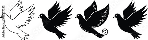 Flying dove silhouettes collection with open wings, peace symbol birds in black and outline styles isolated on white background for freedom and design