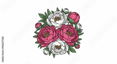 A vibrant bouquet of pink and white peonies with green leaves