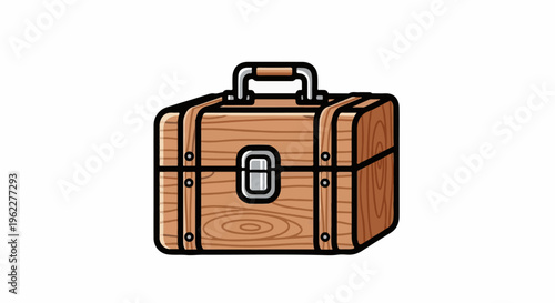 A wooden chest with metal accents sits on a white background