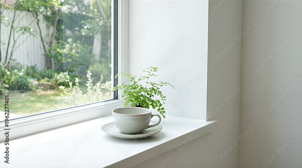 Fototapeta premium Ceramic tea cup on white windowsill with green houseplant. Relaxing atmosphere at home. Morning beverage break by the window reflecting garden view. Concept of peace, comfort, and mindful lifestyle