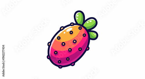 A vibrant, cartoonish prickly pear fruit with green leaves and thorny bumps