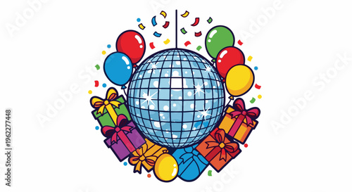 A vibrant celebratory scene with a disco ball, balloons, and gifts