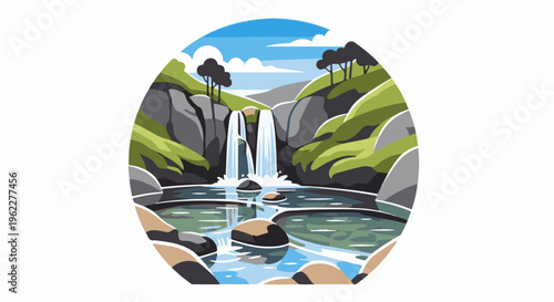 A stylized waterfall cascades into a tranquil pool surrounded by rocky, green hills