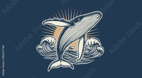 A stylized whale breaches ocean waves with a sunburst in background
