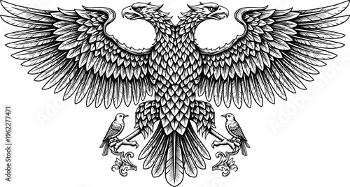 Heraldic double headed eagle with spread wings, detailed vintage engraving style illustration, black ornamental symbol isolated for emblem design, tattoo art, and decorative projects