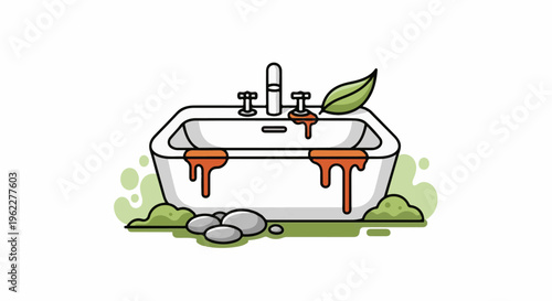 A stylized white sink with orange drips, green leaf, and pebbles
