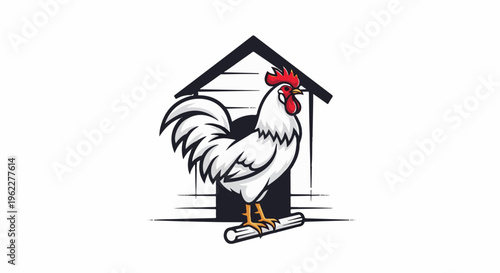 A stylized white rooster stands on a log in front of a dark, open coop