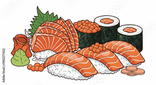 A vibrant and delicious assortment of salmon sushi and sashimi